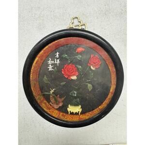 Vtg Chinese Carved Jade & Coral Roses Blossom Wall Art 7.5" Smiling In Spring